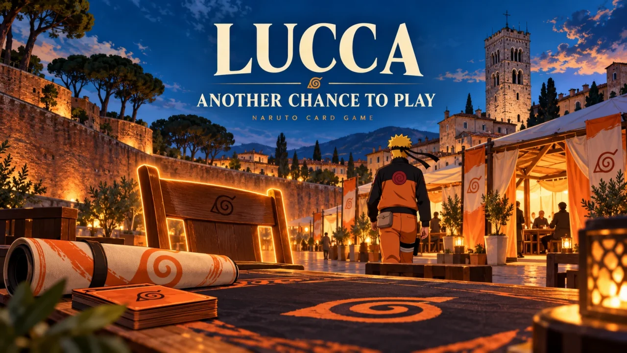Redaktionelle Illustration eines Spieltischs mit leerem Stuhl in einem erdachten Lucca-Motiv; kein tatsächlicher Messeaufbau.