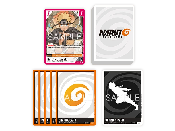 Ein vollständiges NARUTO CARD GAME Deck: 1 Leader-Karte, ein Deck aus 51 Karten, 5 Chakra-Karten und 1 Beschwörungskarte