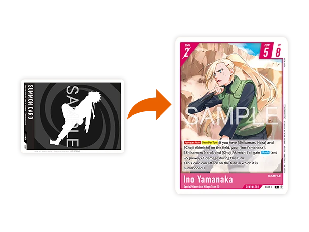 Eine Beschwörungskarte wird geneigt, um die Charakterkarte Ino Yamanaka ins Spielfeld des NARUTO CARD GAME zu bringen