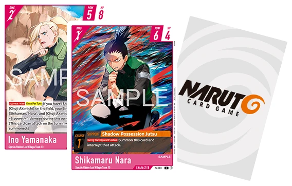 Die Charakterkarten von Ino Yamanaka und Shikamaru Nara, die vorderste Reihe eines NARUTO CARD GAME Decks